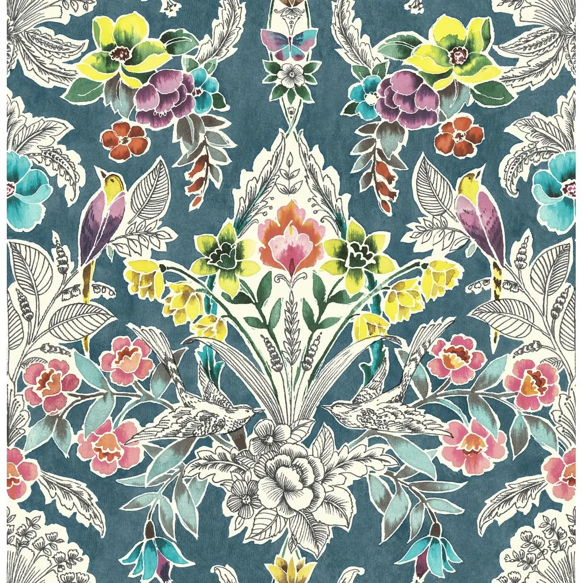 212 MAIN Teal Vintage Botanical Damask Peel-Stick Repositionable Wallpaper, Easy Install Single Roll (20.5x18ft)