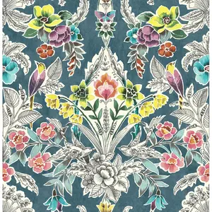 212 MAIN Teal Vintage Botanical Damask Peel-Stick Repositionable Wallpaper, Easy Install Single Roll (20.5x18ft)