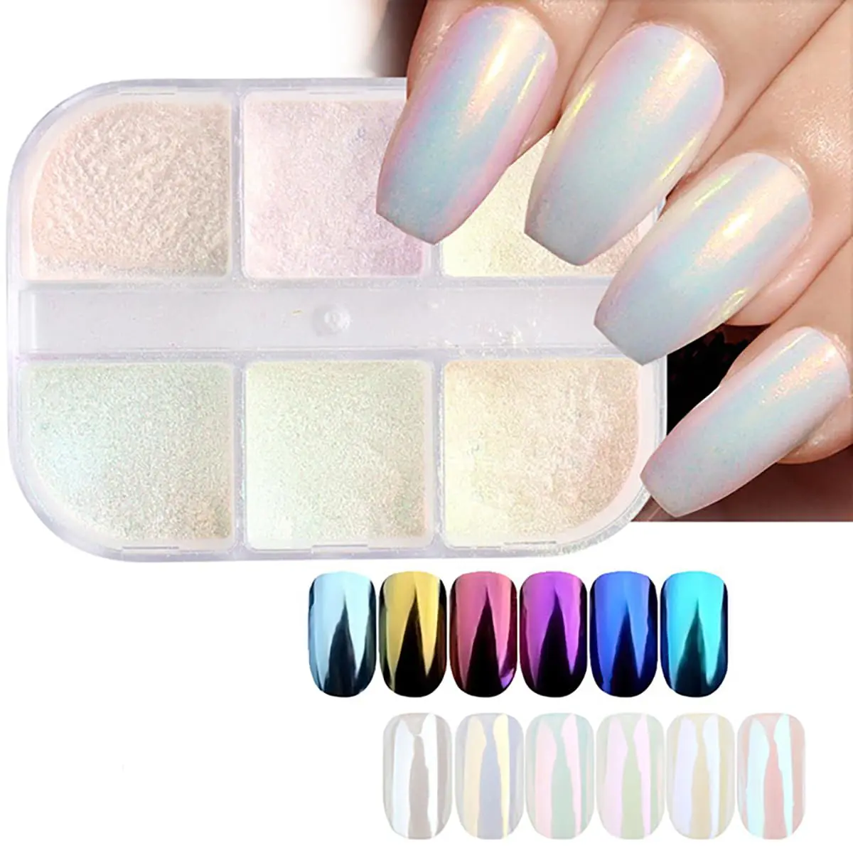 6 Colors Chrome Nail Powder Metallic Mirror Effect Aurora Magic White Pearl chrome Nails Powder for Nail Art Gel Polish, Mica Powder Iridescent Nail Powder Manicure Pigment Glitters