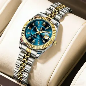 Elegant Women's Luxury Blue Dial Quartz Watch - Two-Tone Gold Silver Stainless Steel Wristwatch with Date, Sparkling Crystal Markers, Roman Numerals, Stylish Dress Watch for Ladies, Perfect Gift for Wife Girlfriend Mom