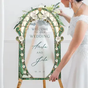 Sage Stained Glass Floral Wedding Sign — Frosted Cream Roses