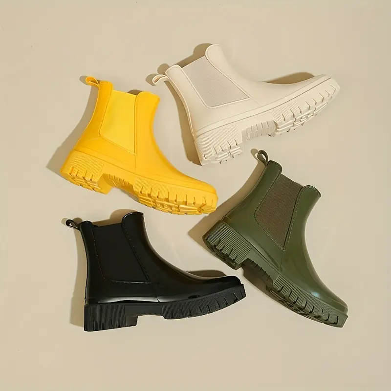 Women's Solid Color Rain Boots, Casual Stretch Fabric Sided Boots, Comfortable Chunky Heel Boots Walking Shoes Footwear