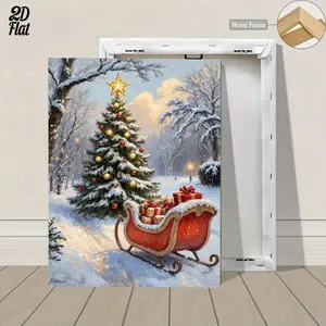 Classic Winter Snowy Sleigh & Christmas Tree Canvas Wall Art In Wooden Frame - 2D Flat Festive Holiday Painting For Indoor/Outdoor Home Decor, Christmas Living Room, Bedroom, Office Decoration - Durable Wrap-Around Frame- Christmas Decorations For Home