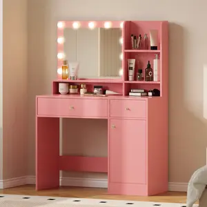 [Summervibes] Vanity Desk with White LED Lighted Mirror 35.4" Makeup Table with Vanity Mirror Light 3 Color Modes Adjustable Brightness 2 Drawers & Open Shelves for Bedroom