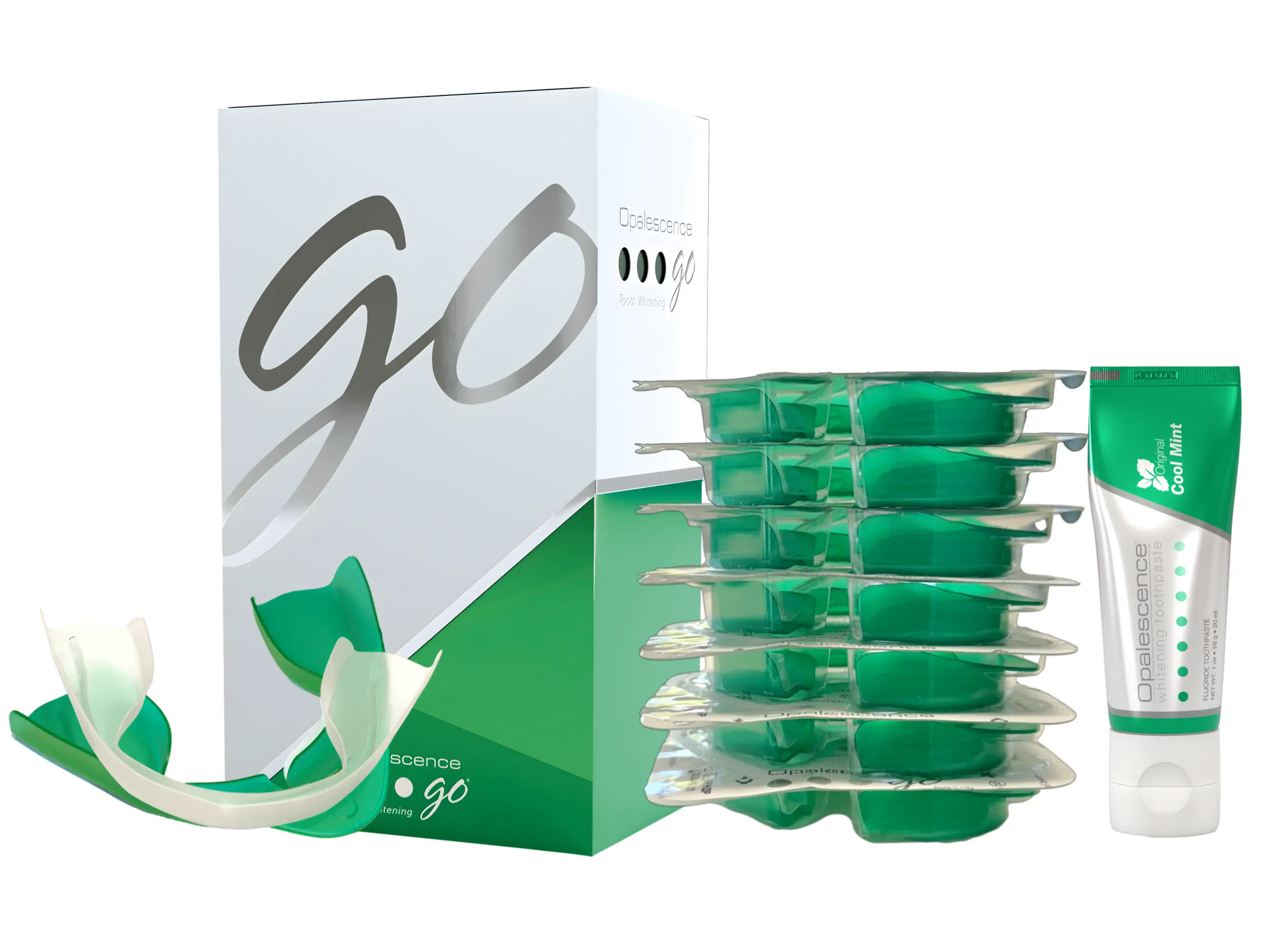 Opalescence Go 15% Hydrogen Peroxide Teeth Whitening Bundle - (7 Treatments) Prefilled Whitening Trays & Travel Original Whitening Toothpaste 1 Oz - Mint