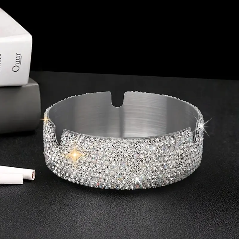 Luxury Flash Diamond Stainless Steel Ashtray, Metal Appearance Is Suitable for Home Internet Cafes, Car Accessories, Desk Ornament