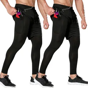 2 Pack Mens Compression Running Pants, 2 in 1 Quick Dry Athletic Workout Sweatpants Shorts Gym Leggings with Pocket