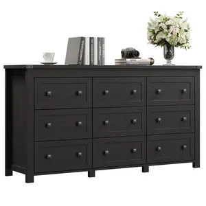 Dresser for Bedroom with 9 Drawers, Farmhouse Wood Chest of Drawers, Wide TV Stand Closet Storage Furniture with Metal Handle, Modern Clothes Organizer for Hallway, Living Room, Entryway, White