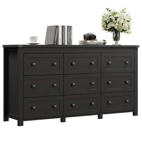 Aesthetic White Engineered Wood Dresser - 9-Drawer, Sturdy Thick Legs, Metal Handles, French Country Farmhouse Modern Accent Cabinet, Wide Storage Furniture for Modern Bedroom, Playroom