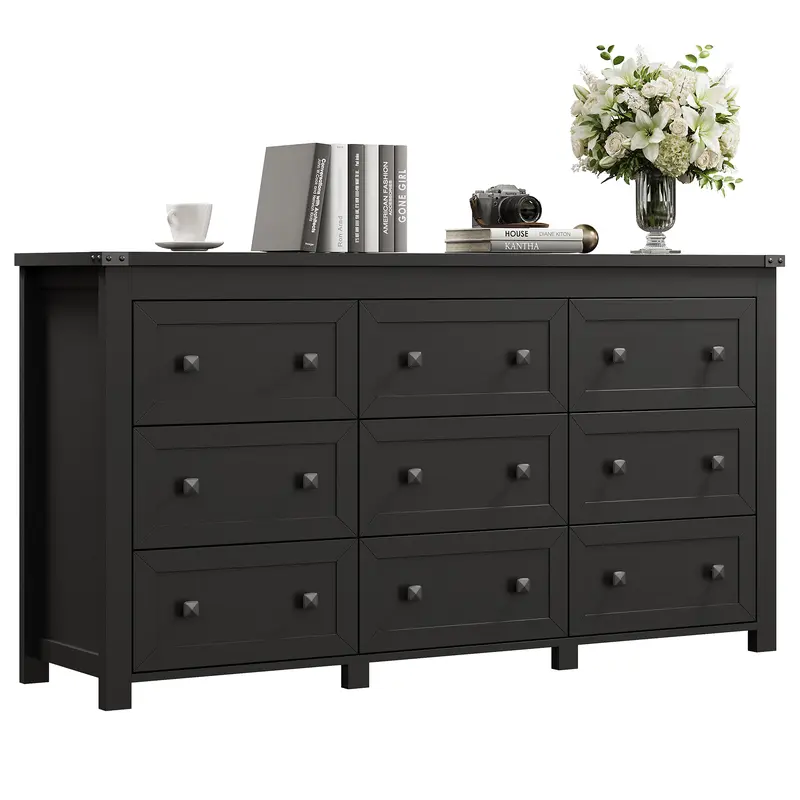 Aesthetic White Engineered Wood Dresser - 9-Drawer, Sturdy Thick Legs, Metal Handles, French Country Farmhouse Modern Accent Cabinet, Wide Storage Furniture for Modern Bedroom, Playroom