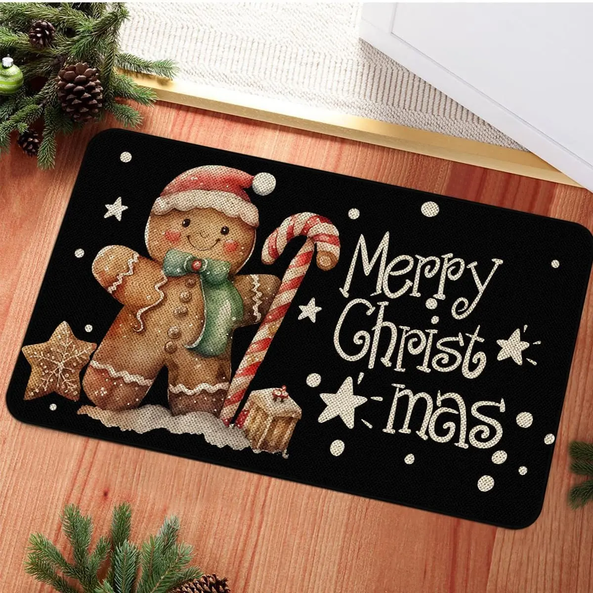 Merry Christmas Door Mat Cute Gingerbread Decorate Door Rug, Seasonal Black Farmhouse Burlap Yard Outdoor Rustic Yard Kitchen Mat Bathroom Indoor Outdoor