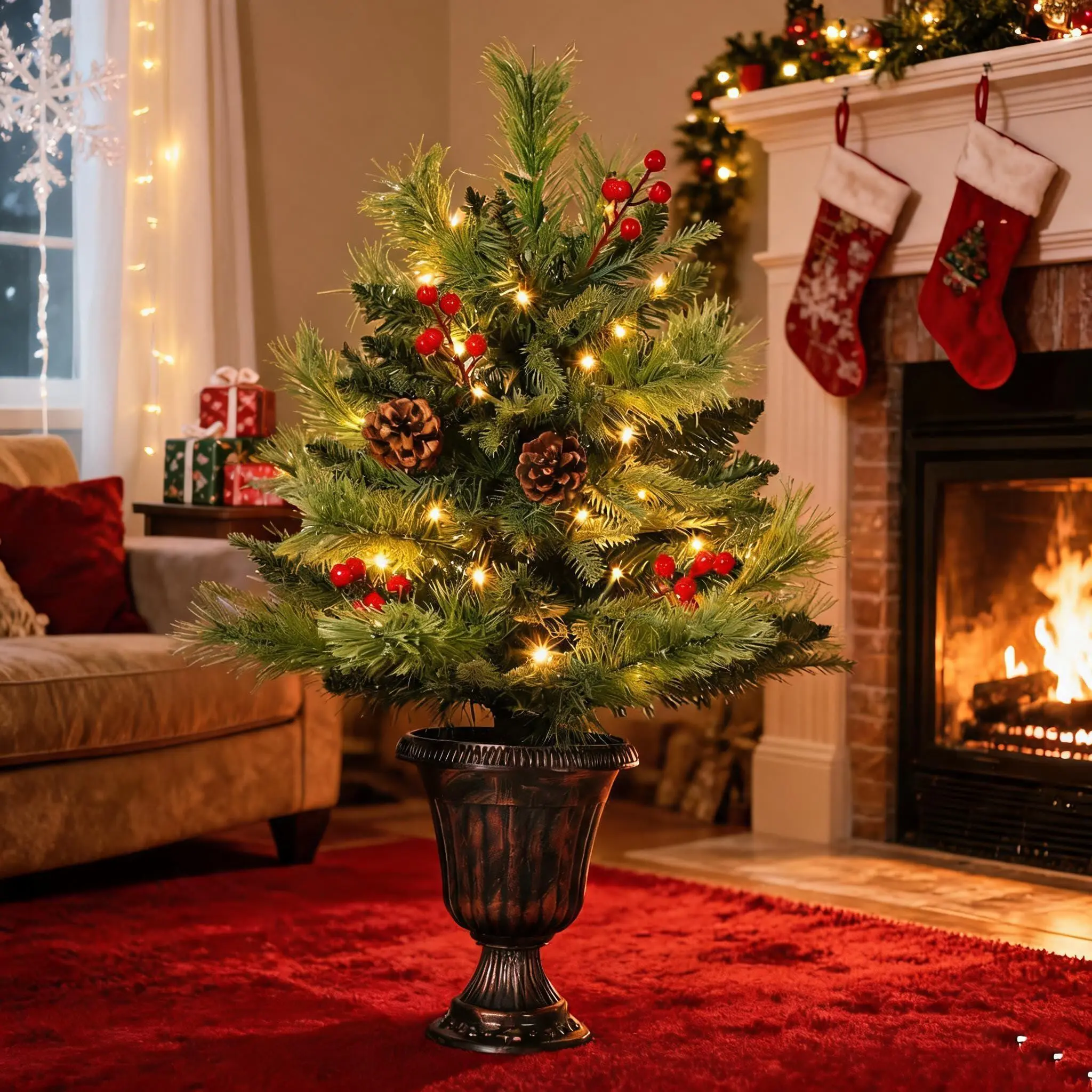 Garvee 2Ft Pre-Lit Tabletop Christmas Tree with 40 Warm White LEDs | Small Christmas Tree, Artificial Mini Xmas Tree with Pine Cones & Red Berries for Home Office Holiday Decor