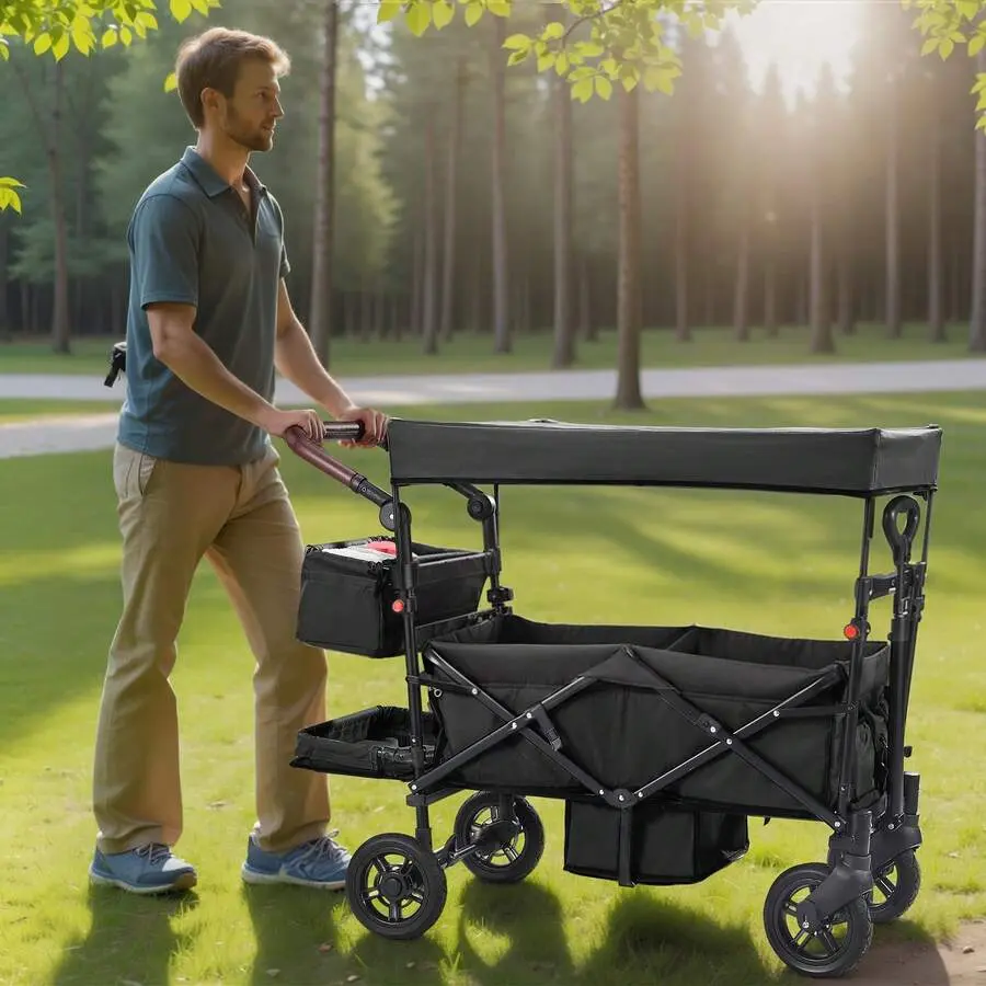 Unisex Side-by-Side 2-Seater Tandem Wagon Stroller for 2 Kids (0-5 Kg,15-20 Kg) - Push & Pull Foldable Outdoor Cart, Adjustable Handle, Encircling Harness, Detachable Sun Canopy, 4-Wheel Brake System, Plain Bassinet Stroller