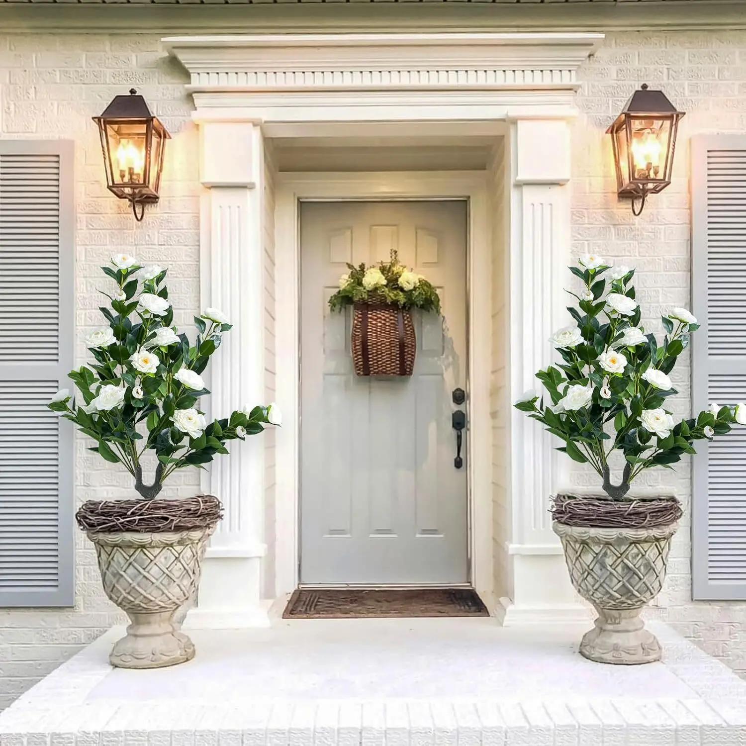White 2-Pack UV-Resistant PE Plastic Camellia Tree Topiary Plants - 35in High, 29in Leaf Stems, Ground Spike, Durable Lifelike Faux Plant, Decorative Outdoor Decor for Balcony, Garden, Housewarming Gifts