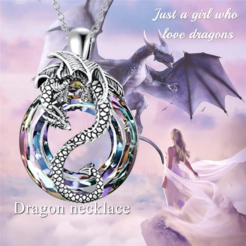 Exquisite Creative Colorful Zircon Dragon Alloy Pendant Necklace – Elegant Mythical Creature Jewelry with Colorful-Toned Round Disc, Sparkling Cubic Zirconia Accents, Handcrafted Durable Chain for Fantasy Lovers, Unique Gift Idea