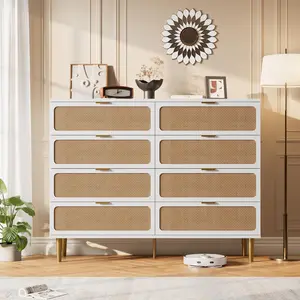 Garvee Rattan 8 Drawer Tall Dresser with Deep Drawers, Large Wooden Chest of Drawers for Bedroom, Closet, Living Room, Hallway, with Wide Top in White Finish