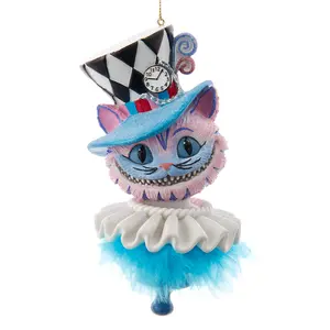 Cheshire Cat Ornament – Alice in Wonderland-Inspired Cat with Glittered Top Hat, Party Décor for Christmas Tree, Party Decoration