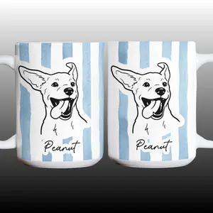 Custom Pet Name Dog Portrait Mug, Blue Striped Dog Lover Coffee Mug