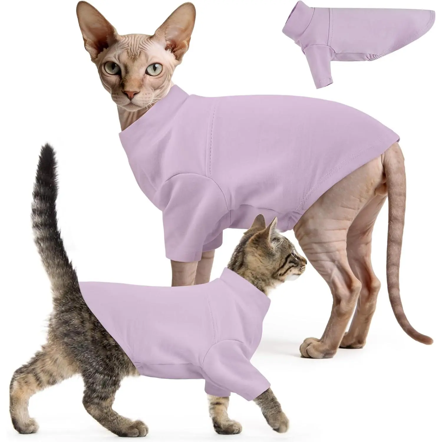 Sphynx Hairless Cat Soft Cotton Turtleneck Pullover Shirt with Sleeves, All-Season Wear Pet Apparel for Small Dogs Kittens - Purple S
