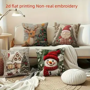 4-Piece Christmas Pillow Covers Set, Single-Sided Print Decorative Pillows, 45x45cm (17.72x17.72 Inch), Tree Snowman Reindeer Santa Design