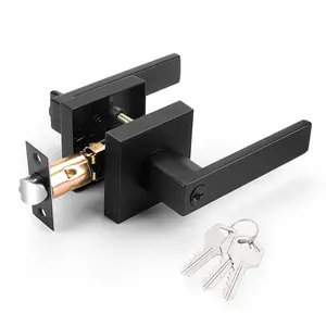 Door Handle with Lock & Key, Key Entry Door Lock for Entrance, Matte Black Square Door Lever for Bedroom and Bathroom Entrance Door,