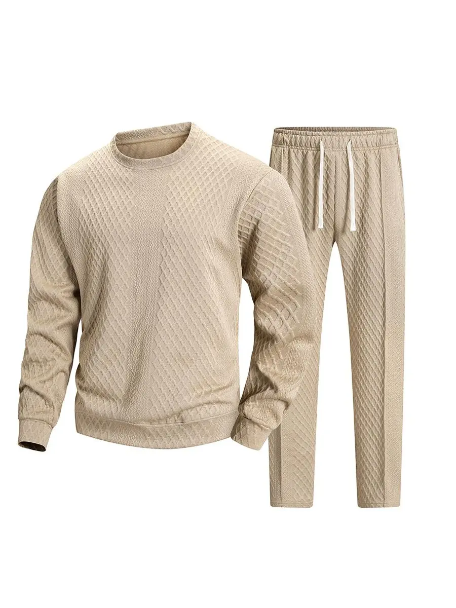 Men's Tracksuit Set, 2-Piece Smart Casual Diamond Waffle Jacquard Outfit with Elastane, Loose Fit Top & Above the Ankle Pants, Cold Wash, Long Sleeve, Crew Neck, Textured, Straight Leg, Breathable, Drawstring, Polyester Blend, Ankle Length, Sporty Chic, M