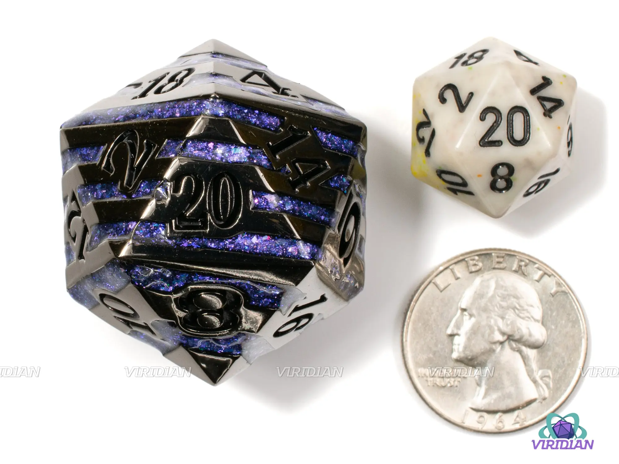 Arcane Stripes Chonk D20 | Black, Purple Mica Stripes | 33mm Oversized Metal D20 (1)