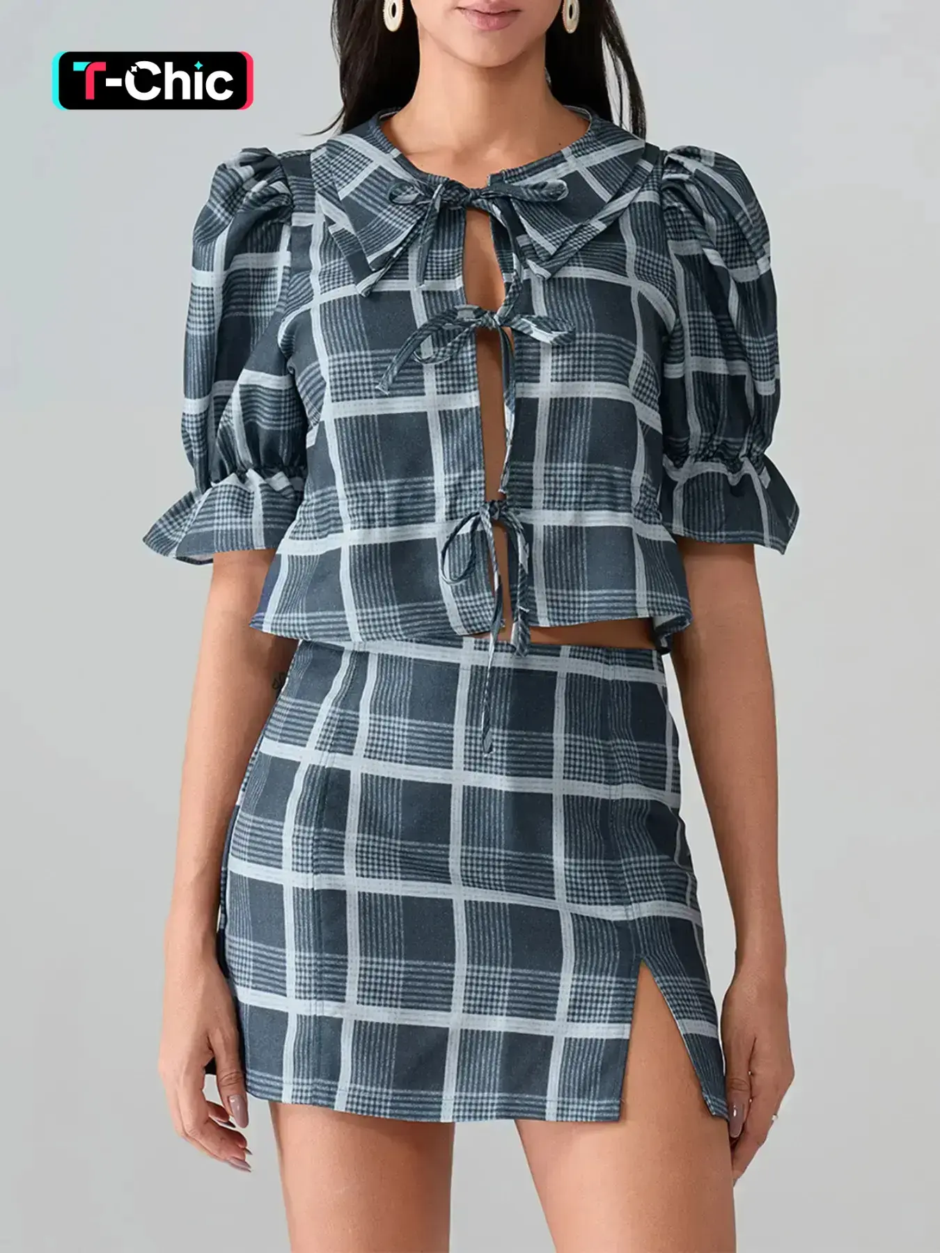 2-piece women's checkered bubble sleeve cardigan top and skirt set - casual daily wear - suitable for summer set