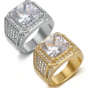 Luxury 14k Gold Plated Hip-Hop Ring Made Completely of 3A Zirconia Stone for Men, Wedding and Engagement Ring Jewelry