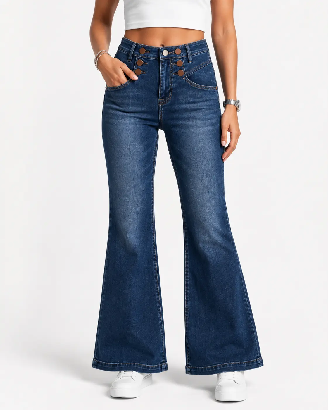 Women's Vintage High-Waisted Stretchy Denim Pants - Caleigh Vervet Leg-Lengthening Retro Flare Jeans with Corset Multi-Button Bell Bottoms, Fitted