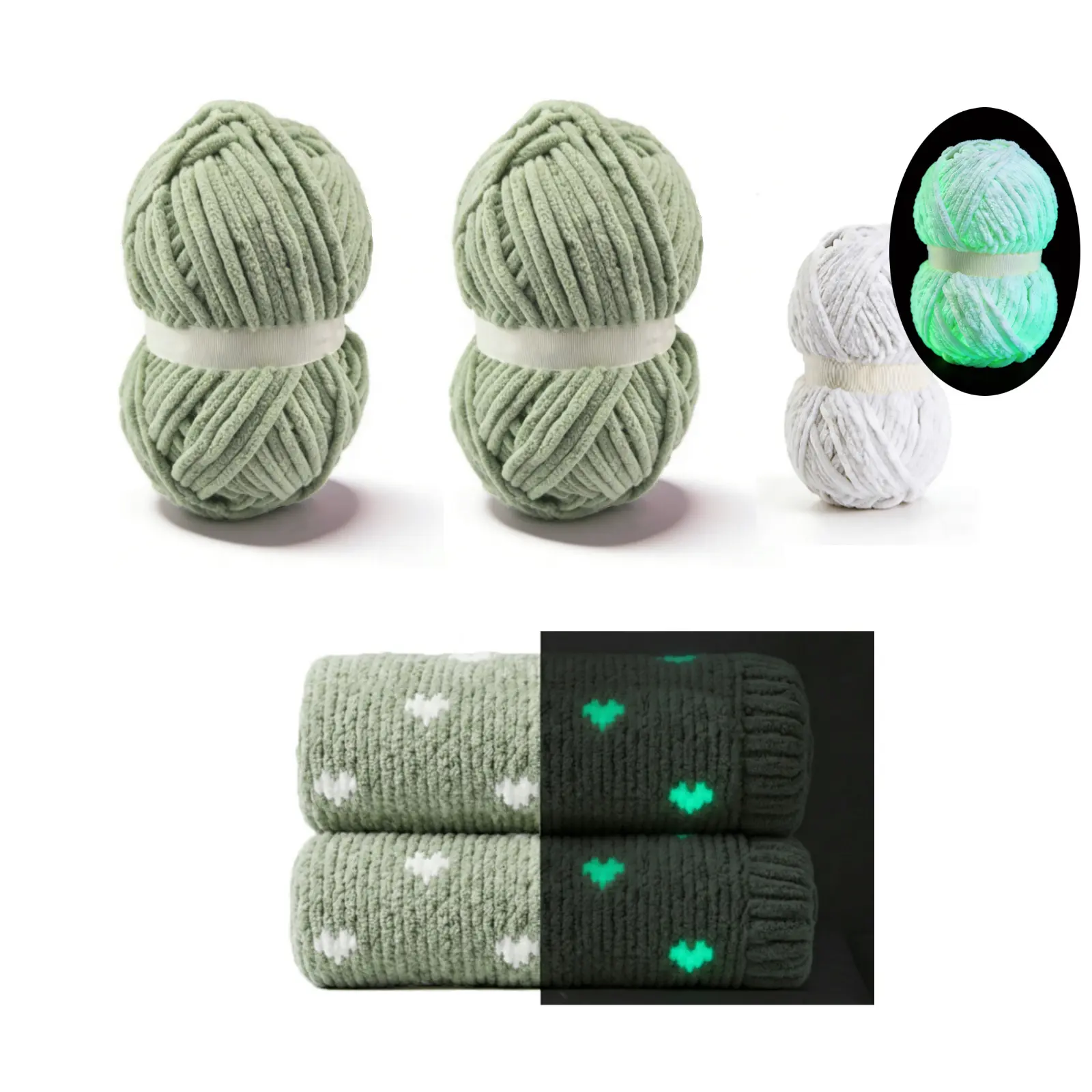 Glow in the Dark Chunky Yarn Bundle, Super Bulky Chenille Blanket Yarn for Crocheting, 3 Skeins (2 Solid Colors + 1 Glow Yarn) Soft Plush Velvet Yarn for Knitting Creations, Cream