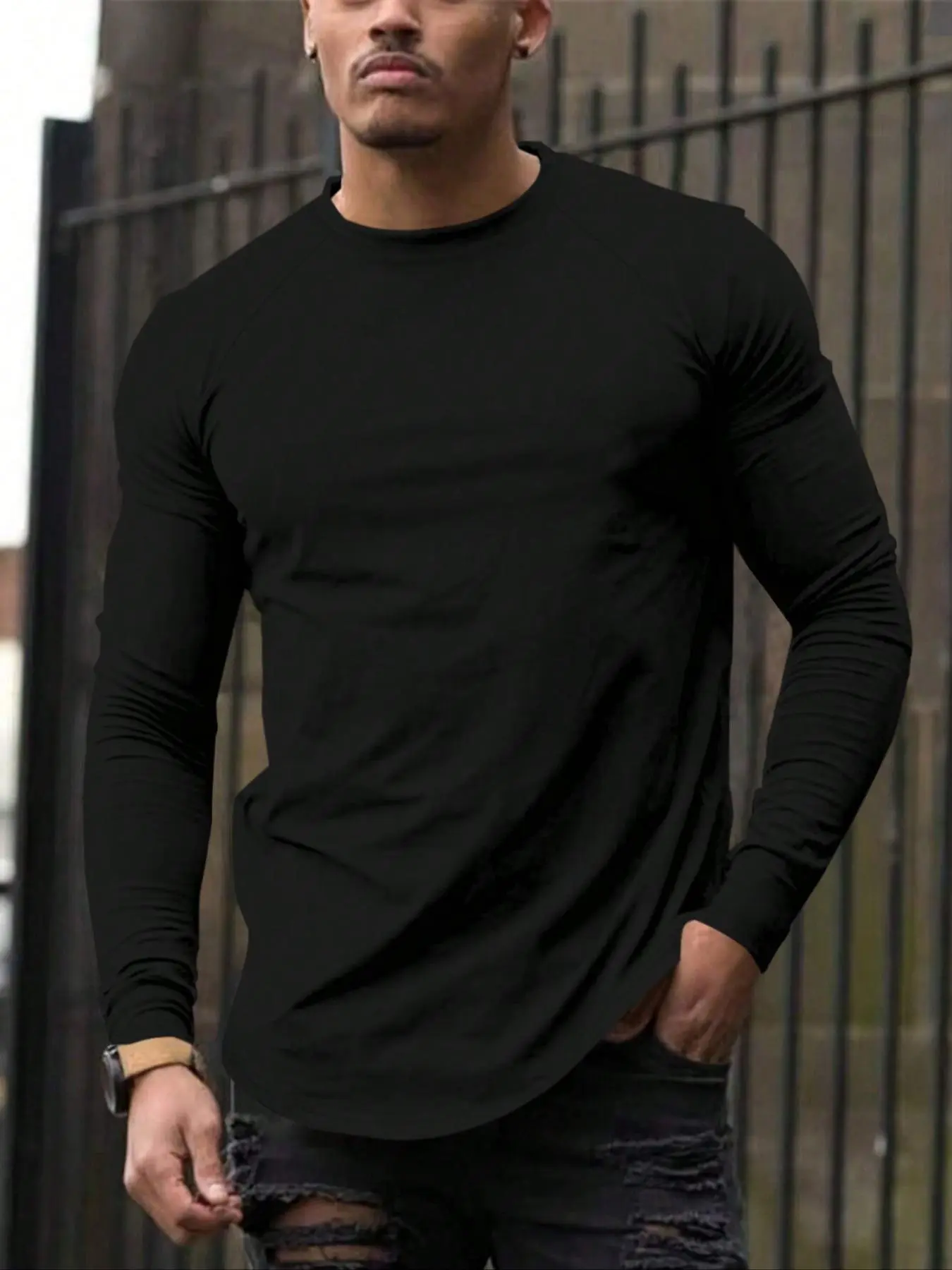 Men's Solid Raglan Sleeve Tee, 2024 New Style Casual Comfy Long Sleeve Round Neck T-shirt for Fall & Winter, Men's Top for Daily Wear