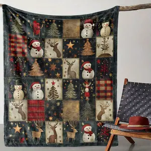 Vintage Festive Christmas Throw Blanket with Snowmen, Reindeer, Trees & Plaid Patterns – Cozy Winter Comfort