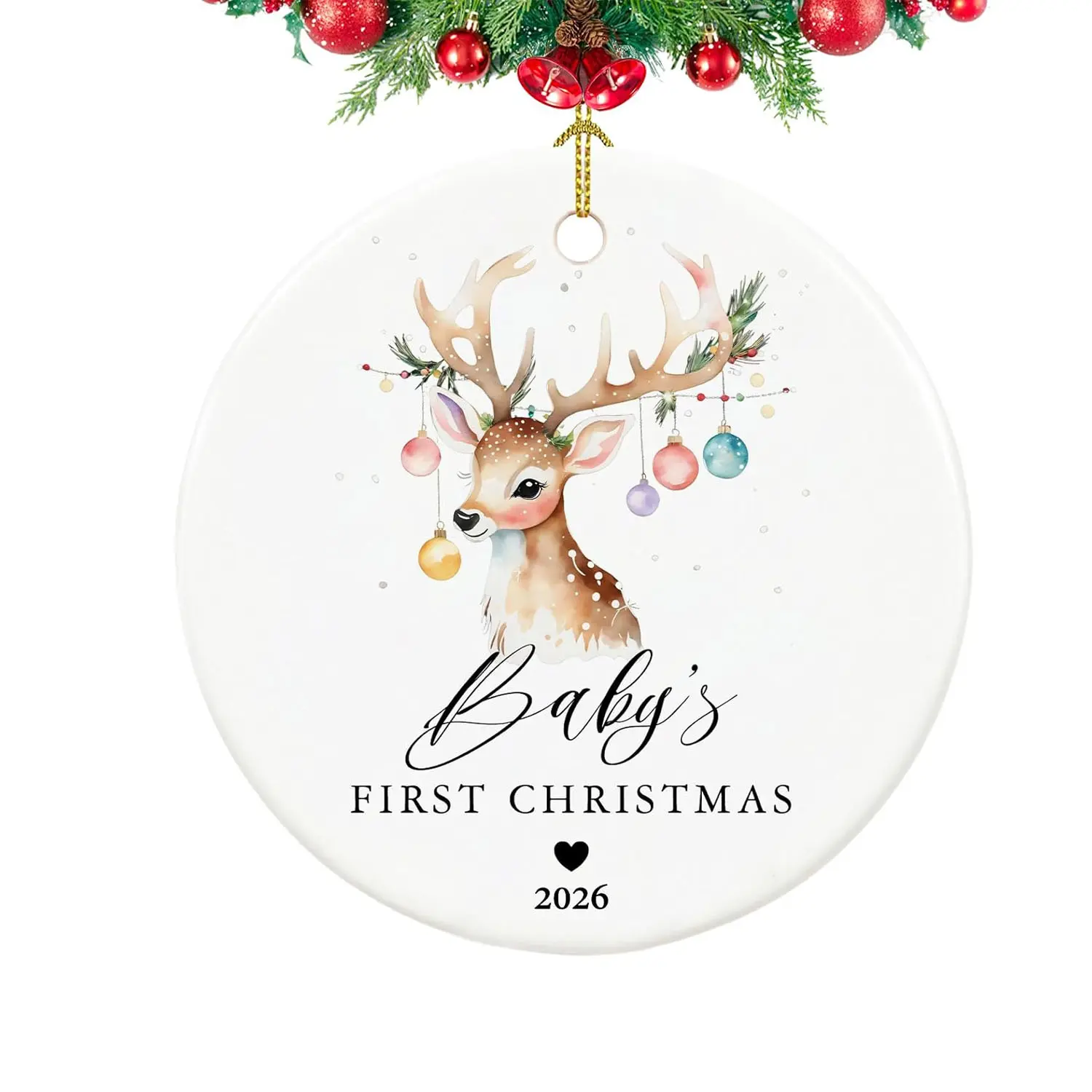 Baby’s First Christmas 2026 Ceramic Ornament, Round Reindeer Christmas Tree Decoration, Newborn Baby Keepsake Gift