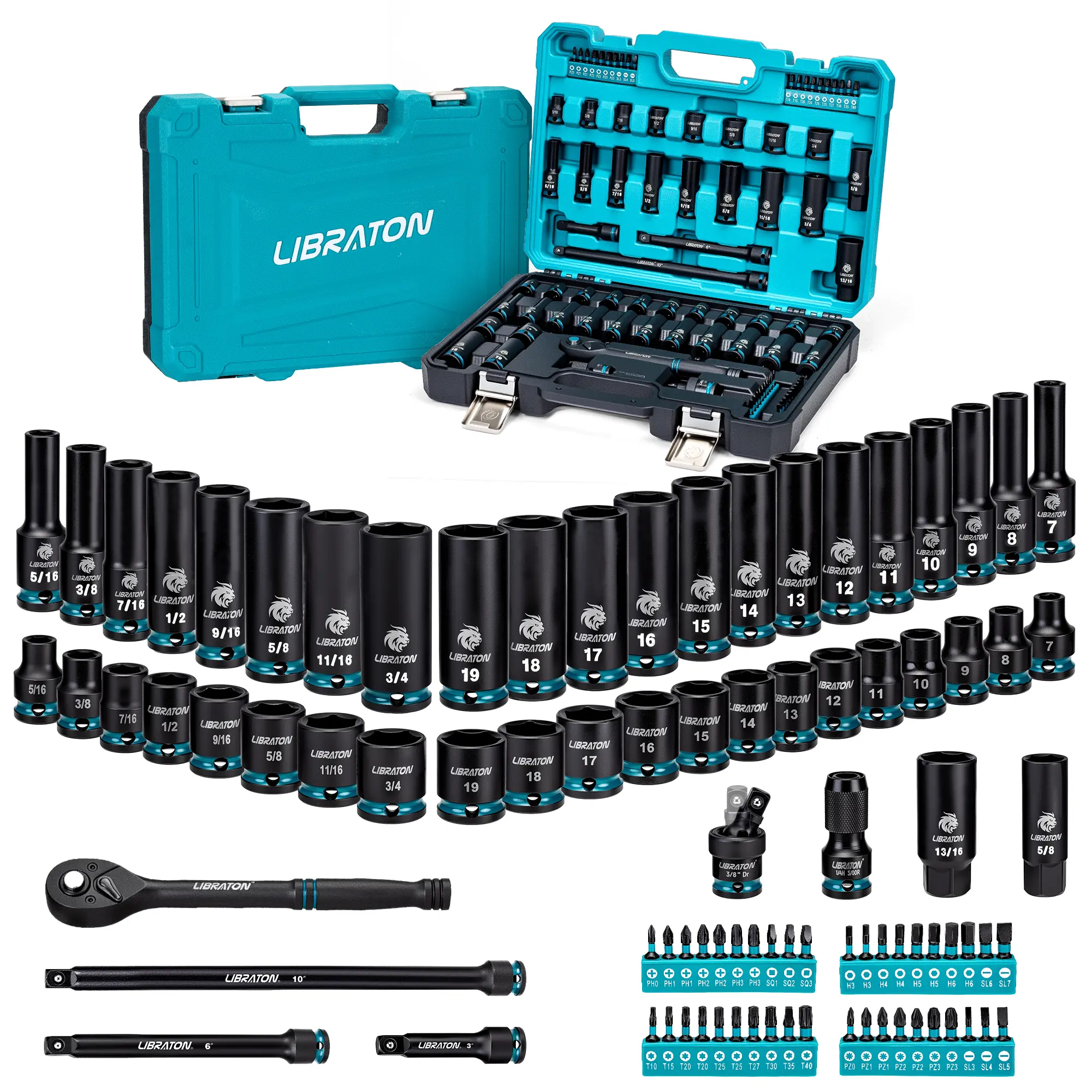 Libraton 3/8" Drive Impact Socket Set, 90PCS SAE & Metric Cr-V Deep & Shallow Impact Driver Sockets with Extension Bars, Ratchet Handle, Screwdriver Bits, Spark Plug Sockets, Adapter, Universal Joint outdoorfun Hex Wrenches