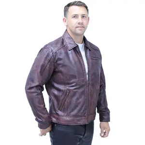 JAMIN LEATHER® 1950's Burgundy Distressed Leather Jacket w/CC Pockets #MA1959GR - Men's Vintage Lambskin Leather Coat with Zippered Pockets & Satin Lining