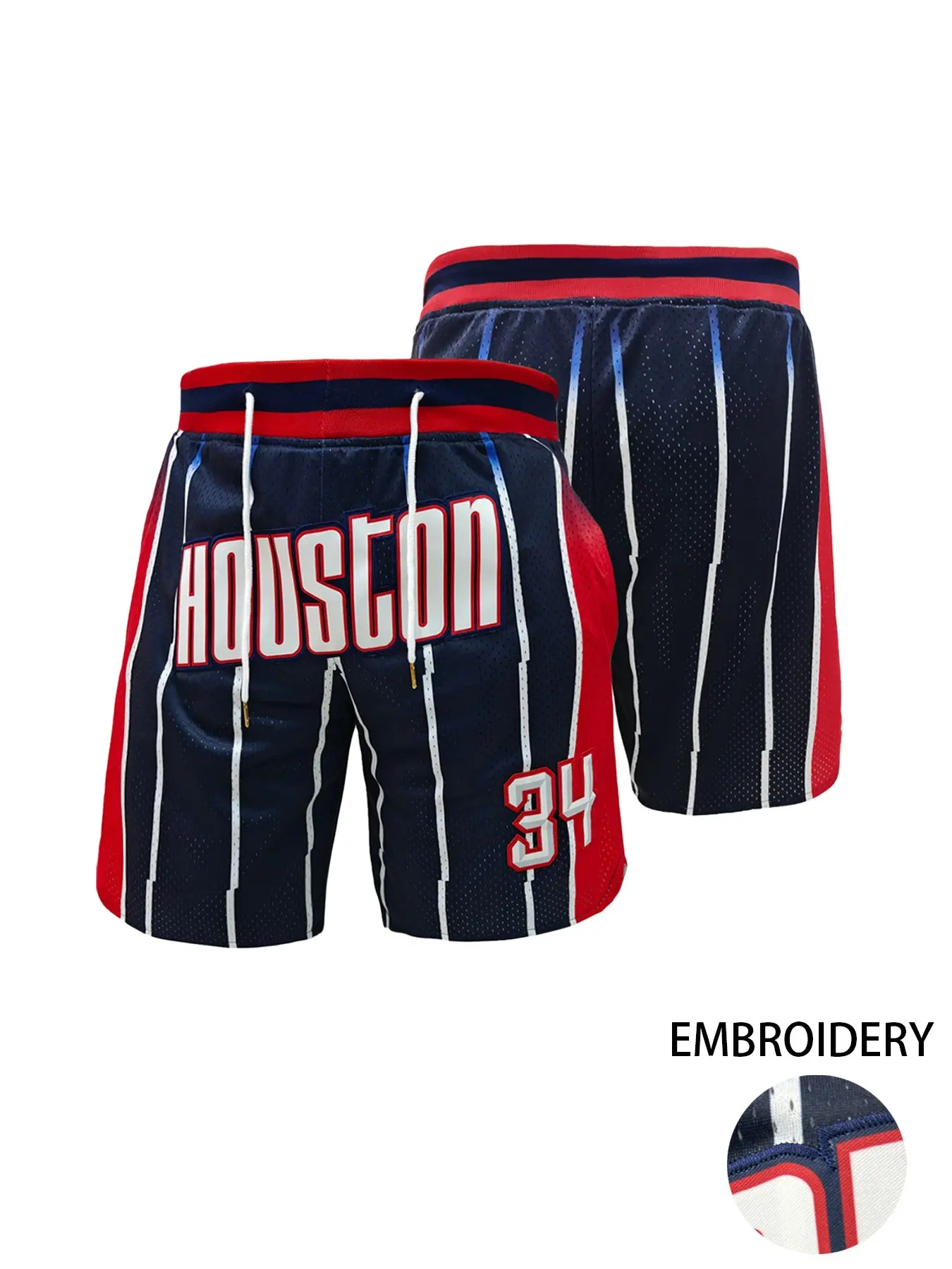 Men's Embroidered Houston #34 Pinstripe Mesh Basketball Shorts – Breathable Quick-Dry Athletic Sport Shorts with Side Pockets, Retro Streetwear for Gym & Training Workout Shorts Shorts Sportswear