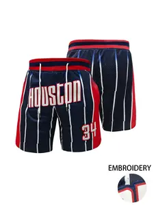 Men's Embroidered Houston #34 Pinstripe Mesh Basketball Shorts – Breathable Quick-Dry Athletic Shorts with Side Pockets, Retro Streetwear for Gym & Training Workout Shorts