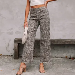 Women's Brown Leopard Print High-Waist Wide-Leg Frayed Edge Jeans, Casual Cotton-Polyester Women's Bottoms