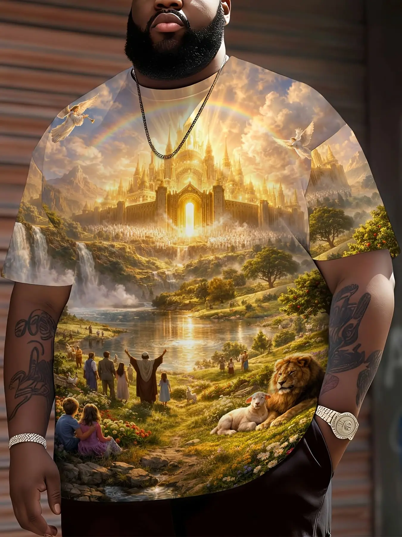 Men's 3D Printed T-Shirt with Fantasy Castle & Rainbow Waterfall Design - 100%  Round Neck Casual Shirt Suitable for - Wear, Machine Washable, Themed Events & Everyday Outfits - Majestic Landscape Print with River and Castle