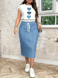Heart Print Casual Loose Round Neck Top and Half Skirt Set Outfit Womenswear, Suitable for Plus Size Women, Spring Summer Outwear Ly097
