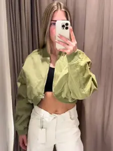 Women's Crop Loose Green Bomber Jacket Womenswear Spring Summer 2026 Elegant Casual o-Neck Long Sleeve Plus Size Zipper Pilot Outerwears Outdoor Coffee Runs Daily Office Wear Streetwear Varsity Coats