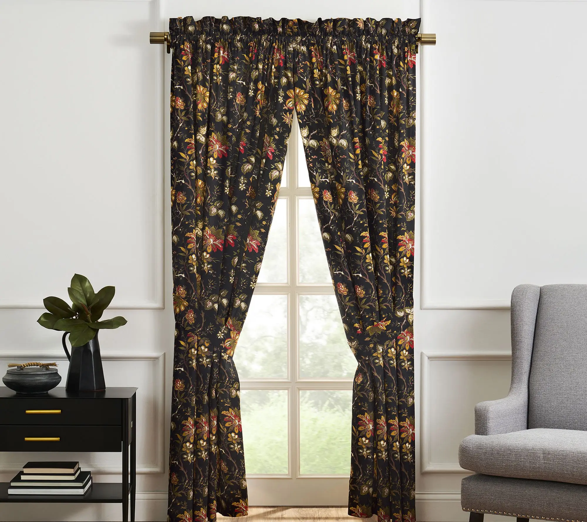 Waverly Felicite Noir Window Curtain Panel 100% Cotton 50"X84"