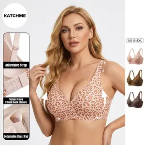 Katch Me Chic Women's Versatile Leopard Print Adjustable Wide Strap Seamless Push-Up Bra, Detachable Chest Pad Curves Friendly Bralette, Wirefree Smoothing Full Coverage Bra