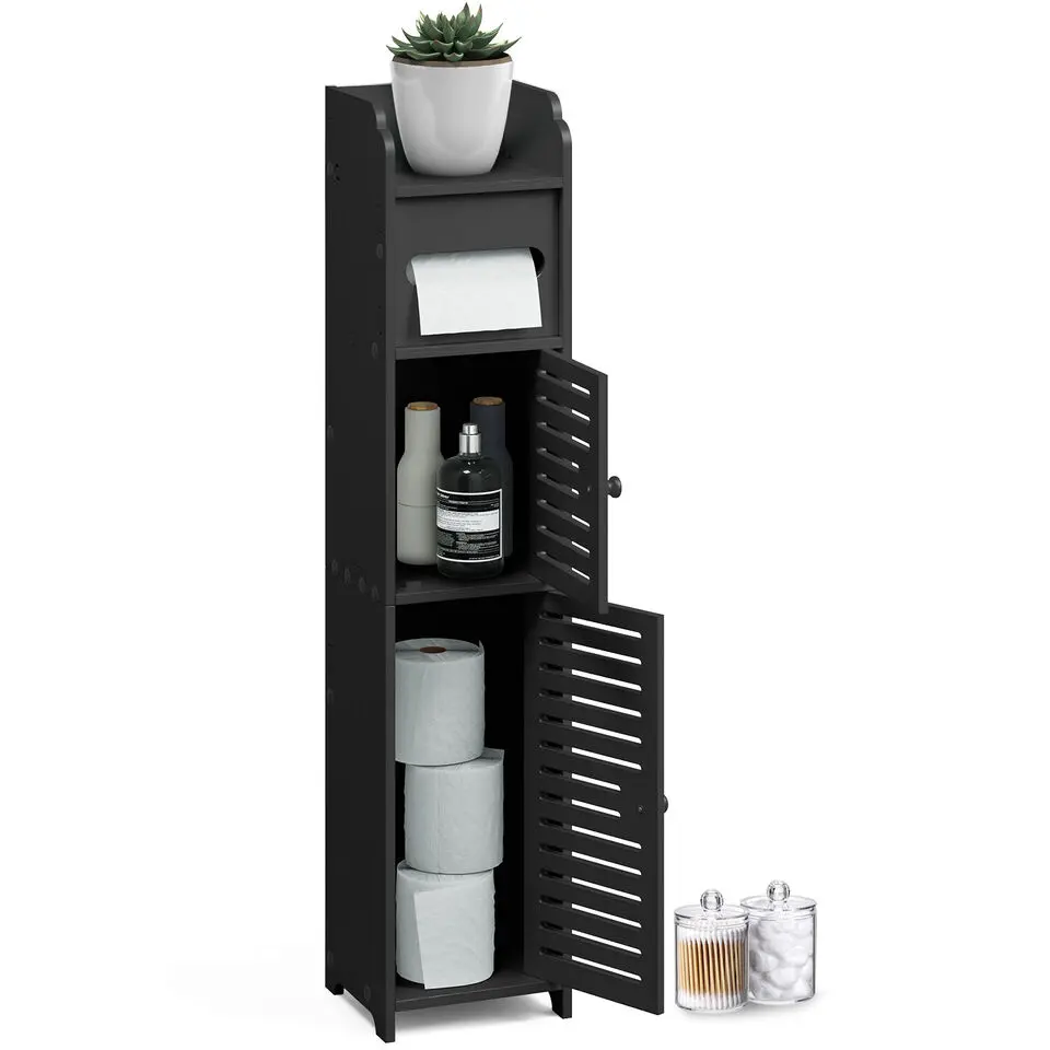 Bathroom Storage Cabinet Floor Standing Toilet Paper Organizer Shelves with Door Racks Wood