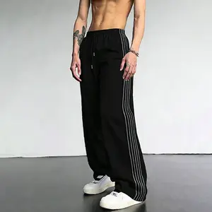 Black Side Stripe Wide Leg Straight Spring And Autumn Men's Slim Loose Drawstring Sports Casual Pants