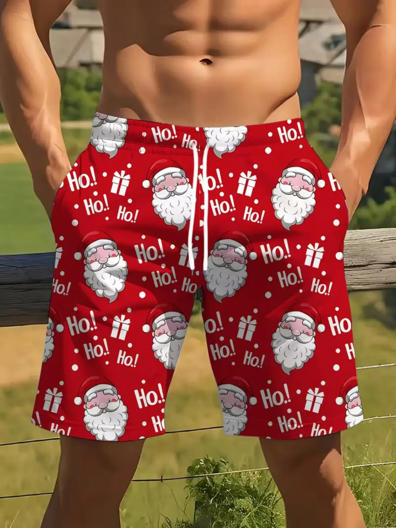 Men's Christmas Santa Claus Print Shorts, Casual Geometric Design Beach Pants, Drawstring Waist Fitted Shorties for Men