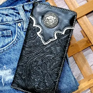 Praying Cowboy Western wallet Cowboy wallet Religious wallet  embossed faux leather long checkbook bifold wallet black.