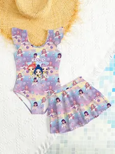 Gradient Rainbow K-Pop Girls' Swimsuit, Cartoon Print Swimming Set, Cute and Stylish Kids Swimwear, Perfect for Pool Parties