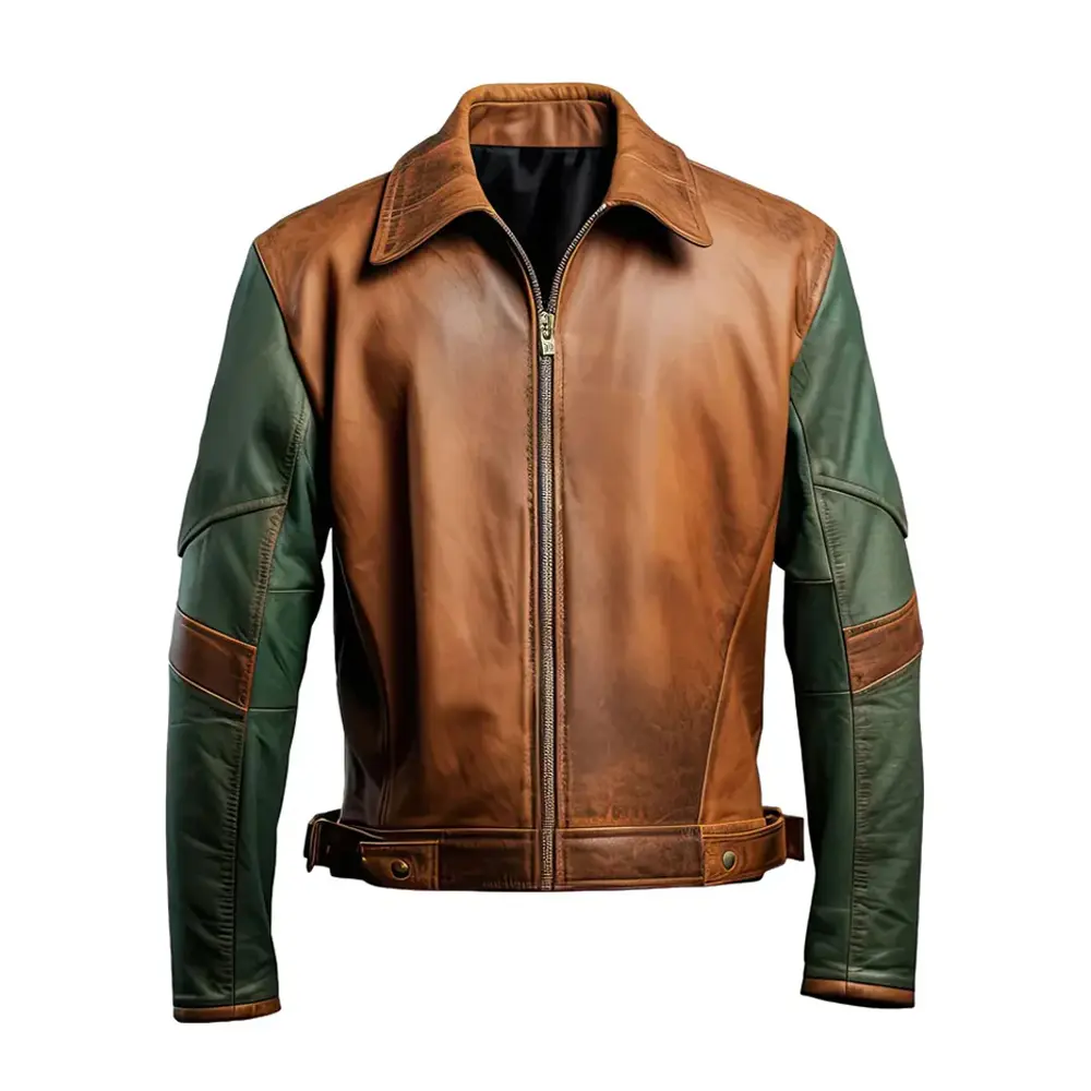 Men's Distressed Brown Jacket Sea Green Leather Jacket with Shirt Collar, Lightweight Racing Style by Hide Crafts